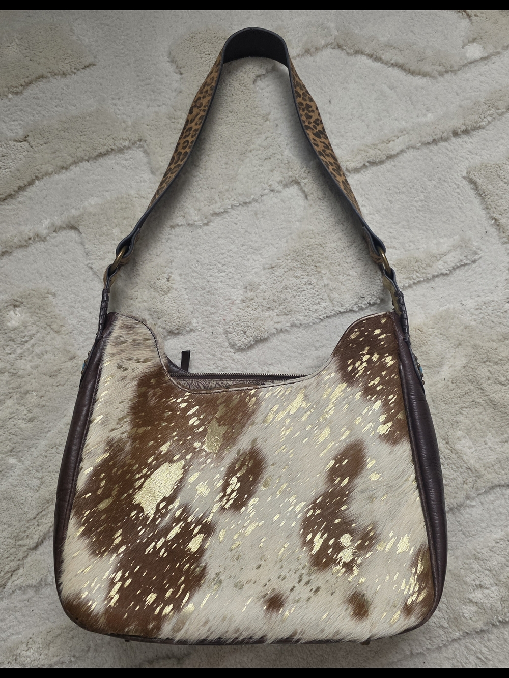 Nocona Brown & White Leather Shoulder Bag with Gold Flecks and Leopard Strap